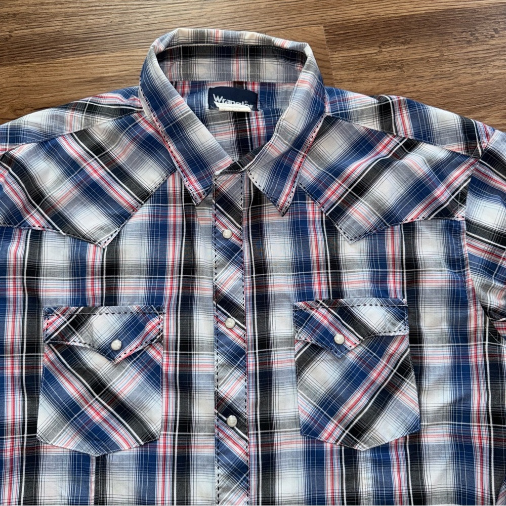 Wrangler Blue Plaid Long Sleeve Western Pearl Snap Shirt Men XL Light Weight
